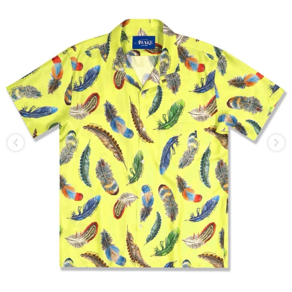 Awake NY Men's Feather Print Dress Shirt 100% Silk